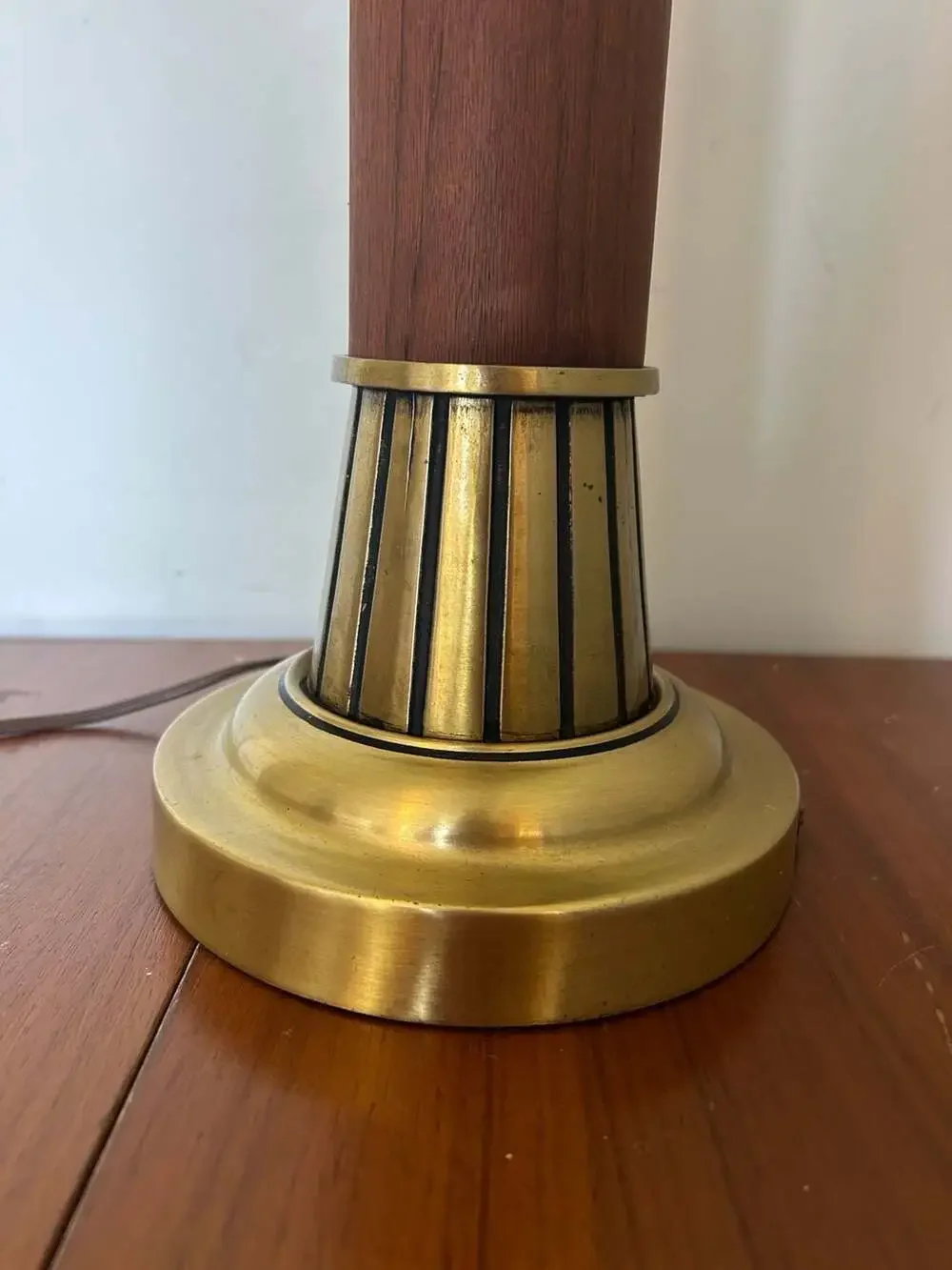 Vintage Mid-Century Modern Teak and Brass Column Table Lamp